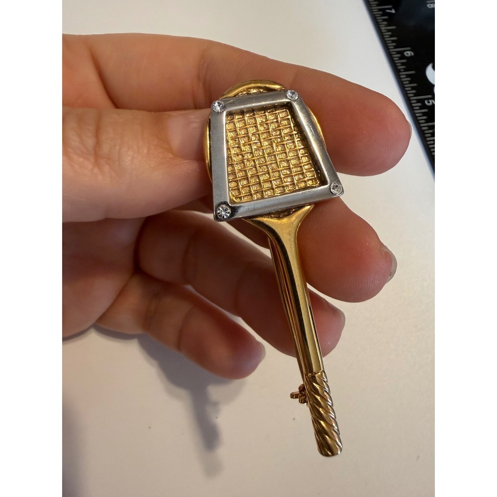 Liz Claiborne LC‎ Vintage Two Tone Tennis Racket Brooch Pin Gold Silver